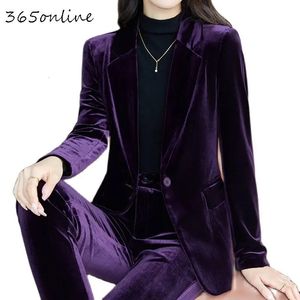 High Quality Fabric Velvet Formal Women Business Suits OL Styles Professional Pantsuits Office Work Wear Autumn Winter Blazers 240108