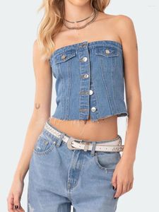 Kvinnors tankar Kvinnor Denim Tubs Tops Axless Blue Casual Sexig Chic Slim Fit -knapp ner Bandeau Corset Streetwear för dagligen