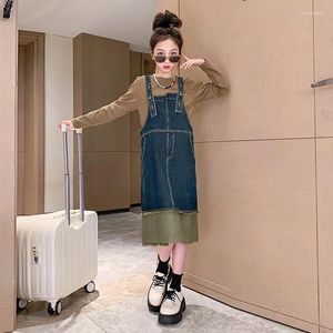 Clothing Sets Girl's Shoulder Strap Dress Set Spring And Autumn 2024 Western-style Internet Famous Casual Denim Skirt Two-piece