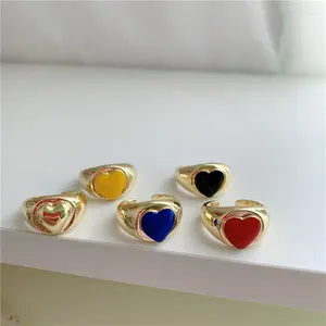 Cluster Rings Vintage Enamel Multicolor Heart Open For Women Girls Fashion Love Round Party Wedding Jewelry