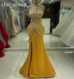 2024 Aso Ebi Amarelo Sereia Vestido de Baile Frisado Cristais Pérolas Cetim Noite Festa Formal Segunda Recepção Aniversário Vestidos de Noivado Vestidos Robe De Soiree ZJ419