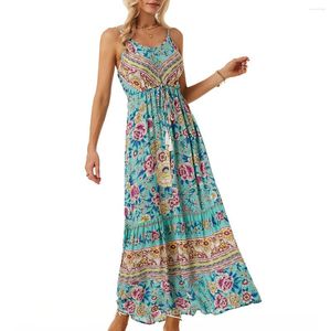 Lässige Kleider Tribal Print Halter Rückenfrei Vintage Maxikleid Frauen Sexy Boho Urlaub Elegante Mode Strand Sommer 2024