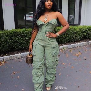 Sexy Party Streetwear Jumpsuit Bodysuit Strampler Damen Frühling Cargohose Trägerlos Button Multi Pocket Cargohose Arbeitsanzug Jumpsuits für Damen Plus Size S-3XL