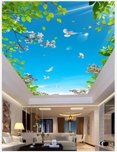 Wallpapers Custom 3D Photo Wallpaper ceilings Fresh and beautiful flowering green leaves blue sky white dove ceiling mural