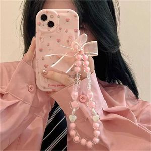 Handyhüllen Korean Cute Floral Rabbit Pink Star Flower Phone Chain Soft Phone Case für IPhone 14 12 11 13 15 Pro Max 11 12 13 14 Back CoverL240105