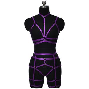 Women Purple Elastic Harness Bodysuit Sexy Bondage Lingerie Set Goth Stockings Garter Rave Adjustable Bra 240106