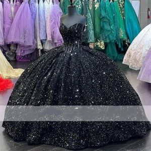 Klänningar glitter svart boll klänning prinsessan quinceanera klänning 2023 paljetter applikation pärlast söt 16 fest klänning vestidos de 15 anos