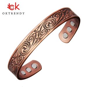 OKTRENDY PURE COPPER MAGNET Bangle for Women Bio Energy Carving Cuff Armband Male Unisex Vintage Justera Bangles Therapy Jewelry 240106