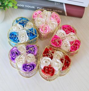 Handmade Scented Rose Soap Flower Romantic Bath Body Soap Rose with Gilded Basket For Valentine Wedding Christmas Gift 6PCS Box6565386