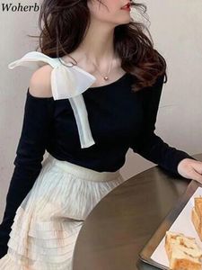 T-Shirts Long Sleeve Woman Tshirts Sexy Off Shoulder Tees Tops 2022 Shirts for Women Chic Bow Tunic T Shirt Korean Fashion Y2k Tshirt