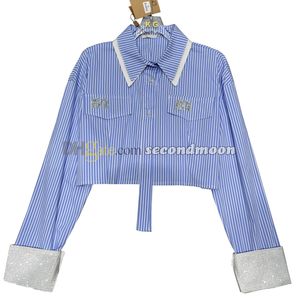 Stripe Print Blouses Women Shiny Rhinestone Shirts Summer Lapel Neck Blouse Designer Long Sleeve Shirt