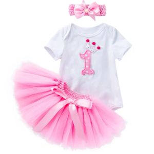 Nowonarodzone dziewczynki urodzinowe ubranie urodzinowe niemowlęce róża kwiat korona 1 2 Romers Tutus Ruffle spódnice Opaska na głowę 3PCS Baby Odzież zz zz