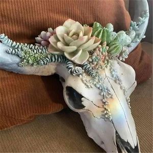 Crafts SUCCULENT FLOWER COW SKULL WALL DECOR NURSERY Flowers Garden Ornaments Bull Head Resin Decoration Pendant Wall Decoration Crafts 2