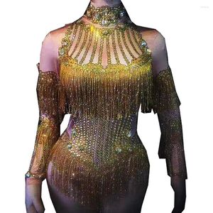 무대 착용 금 빛나는 모조 다이아몬드 여자를위한 섹시한 바디 슈트 나이트 클럽 DJ 의류 재즈 라틴 가수 댄스 의상