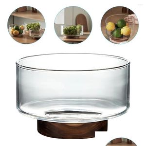 Dinnerware Sets Cabilock Home Decor Glass Fruit Bowl Japanese Style Salad Container Snack Dessert Holder Wooden Base Kitchen Drop Deli Otpft