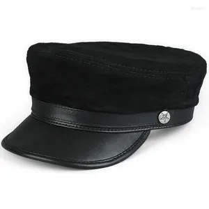 Berets moda elegante senhora chapéu de couro genuíno exército militar chapéus femininos tampas planas de pele de carneiro marcas femininas