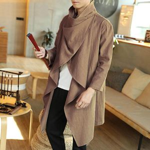 Jaquetas masculinas Mens Algodão e Linho Capa Longa Camisola Nice Boys Slim Homens Trench Coat Comprimento Completo Oilskin Duster Camisa