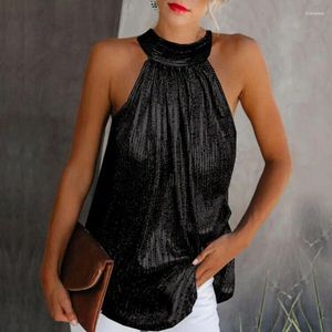 Blusas femininas blusa de ouro 2024 moda alta pescoço sem mangas hatler tanque colete verão casual camisa solta