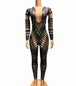 Sahne Giyim Rhinestones Seksi Şeffaf Siyah Tulum Dans Streç Taytlar Bodysuit Akşam Kostüm Zidong