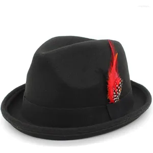 Basker vintage fläsk paj hatt mens rullade grim filt fedora med fjäder gentleman cap trilby jazz hattar