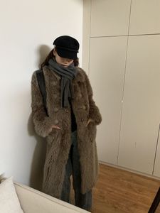 Зимнее высококачественное длинное женское пальто из искусственного меха со встроенным мехом