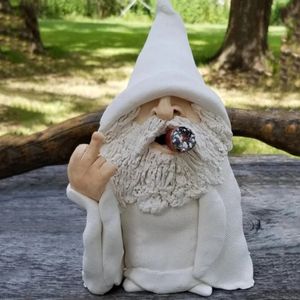 Garden Gnome Ornaments Resin Statue Figurine White Robe Smoking Middle Finger Desk Bookshelf Art Outdoor Indoor Home Decor 240108