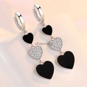 Stud Kofsac Romantic Trendy Black Heart Long Earrings For Women Glamorous 925 Sterling Silver Party Earring Shiny Zircon Jewelry YQ240108