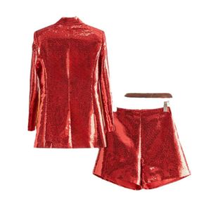 Women's Two Piece Pants New Year's bright red sequin mid length suit top and shorts fashion pants two-piece set 0108