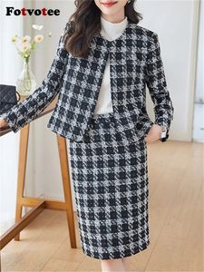 Fotvotee Plaid Set di 2 pezzi per le donne Moda Ufficio Ladies Manica lunga O Collo Blazer Vintage Gonna a vita alta Abiti 240108