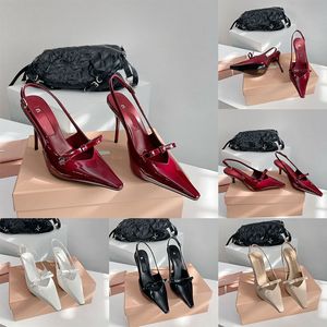 10cm Women Pump Designer Sandals Patent Leather Stiletto High Heels Slingbacks Top Mirror Quality Ankle-wrap Dress Luxury Mules Narrow Band Pointed Shoes