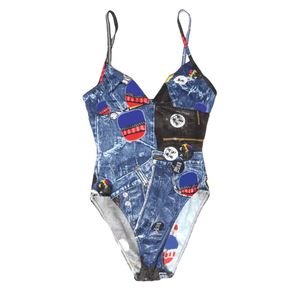 Denim mavi baskılı mayo tasarımcısı bikinis tek parça mayolar moda monokini seksi bikini set kadın plaj kıyafeti lüks kayış push yukarı mayo kıyafetleri marka biquinis