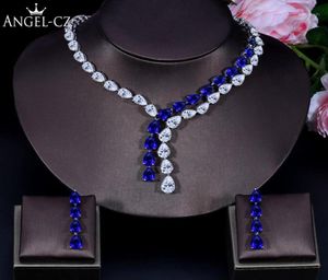 Kolczyki Naszyjnik Angelcz Perfect Water Drop CZ Crystal Królewski Niebieski Kamień Bridal Długość i kolczyka Kobiety Evening Biżuteria SE1355105