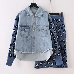 Kadın Ceketleri Rugod Kadın Denim Patchwork Ceket İki Parça Setleri Örgü Etek Sıradan Tek Göğüslü Örme Kollu Ceket Sweater