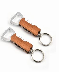 Creative 3 in 1 KeyChain Beer Bottle Opener Rostfritt stål Multifunktionellt trähandtag Skruv Korkskruv Vinflasköppnare5593943