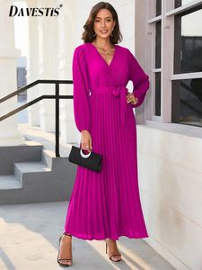 Women's Comfortable Long Dress Loose Long sleeved V-neck Fashion Elegant Men's Retro Hot Pink Dress 240108