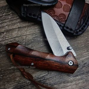 Knife Damascus Steel Folding Knife Tactical Knife Wooden Handle Wilderness Survival EDC Leather Sheath Camping Jackknife Fruit Knife