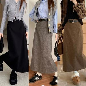 Skirts 3Colors S-XL Women Long Bodycon Pencil Woolen For Female A-Line Back Split High Waist Midi Skirt 2024 Autumn Winter(L5156