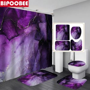 Roxo mármore impressão cortina de chuveiro textura luxo arte abstrata pedra grão tapetes banho pedestal antiderrapante tapete toalete capa 240108