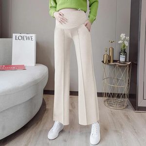 Outfit Autumn Fashion High Waist Pregnant Women Flare Pants Wide Leg Maternity Belly Straight Trousers Pregnancy Boot Cut Black Beige