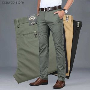 Calças masculinas de algodão calças casuais roupas dos homens em linha reta negócios verde preto cáqui calças masculinas marca 2023 t240108