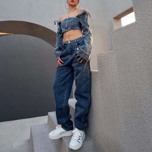 Women's Two Piece Pants 2024 Spring niche denim one shoulder top pure desire for slimming+wide leg loose fitting jeans set two-piece set 0108