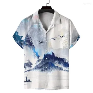 Mäns casual skjortor kinesiska landskapsmålning skjorta 3d tryckte den stora vägg sjön lapel korta ärmar knappen ner sommarbluskläder