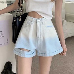 Shorts Womens Shorts Gradient Hole Shins Shorts Women 2023 Schermo Schello Blue High Wels Shorts Wash Las Wide Lge Short Shortwear Streetwear YQ240108