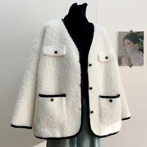 Kadın Ceketleri Beyaz V yaka gündelik tweed kapitone katlar Sonbahar Kış Gevşek Temel Küçük Koku Zarif Şık Uzun Kollu Sıcak Siyah Ceket