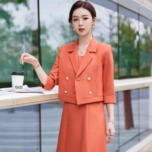 Arbetsklänningar Izicfly Spring Summer Style Orange Elegant Casual Office Wear for Women Jacket Business Uniforms Half Blazer Dress Set