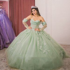 Sage Green Tulle Quinceanera Dress 2024 Applique Beading Crytals Floral Off the Shoulder Ball Clown Sweet 16 Party Princess Dress