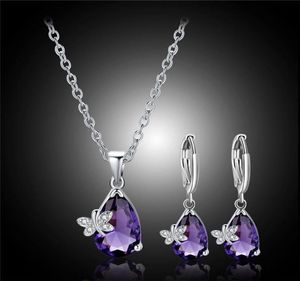 Earrings Necklace Dainty Female Purple Crystal Jewelry Set Charm Silver Color Dangle For Women Luxury Butterfly Wedding Chain3611710