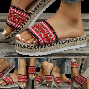 designer slides 2024 New Ethnic Style Large Size Womens mule Thick Bottom Fish Mouth Hemp Rope Candy Color Slippers Manufacturer Wholesale 35-43