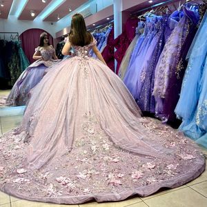 Lavender Puffy Skirt Princess Quinceanera Dresses Off shoulder 3DFloral Beads Gillter Lace-up Corset Charro vestido xv 15 anos mexican