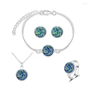 Necklace Earrings Set 4PCS Worthy For Women's Round Blue Pendant Rings Bracelet Fashion Daily Wearing Accessories